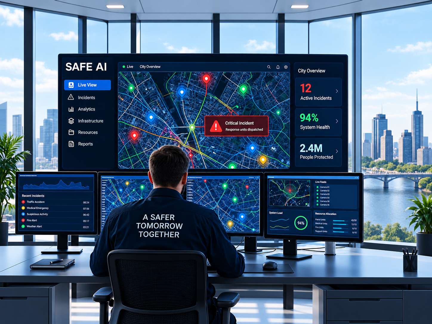 An operator monitoring the SAFE AI live city view across multiple screens, showing active incidents, system health and people protected